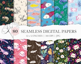 assorted axolotl background, seamless axolotl digital paper, axolotl seamless pattern, Mexico scrapbook paper, amphibian print, salamander