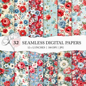 preppy floral background, red and blue flower pattern, shabby chic floral digital paper, seamless rose pattern, red flower scrapbook paper