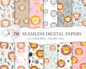 seamless lion pattern, cute lion digital paper, adorable African animal prints, custom fabric design, children's seamless, lion background