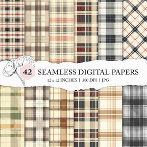 neutral coloured plaid seamless pattern, brown plaid background, beige checkered digital paper, neutral plaid scrapbook paper, earthy tartan
