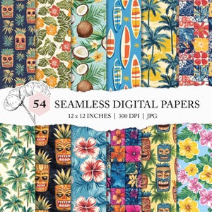 Hawaïaans naadloos patroon, tiki digitaal papier, Hawaïaanse tiki-achtergrond, tropische maskerafdruk, naadloze Hawaï-ontwerpen, commercieel gebruik, jpeg