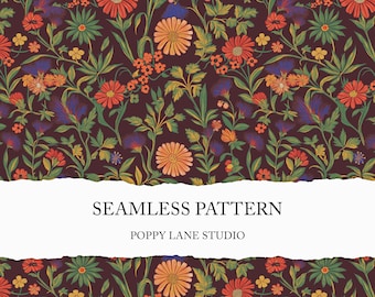 retro floral seamless pattern, orange red vintage flower fabric print, seamless boho flower, 70s floral design, vintage floral digital paper