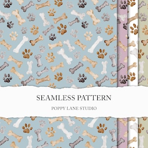Puede incluir: Patrón sin costuras con huesos de perro y huellas de patas en tonos marrón, gris y blanco sobre un fondo azul claro. También se ve el texto "SEAMLESS PATTERN" y "POPPY LANE STUDIO".