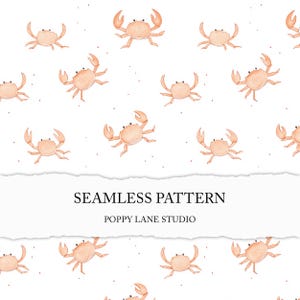 Può includere: Uno schema senza cuciture con un design ripetitivo di granchi arancioni su uno sfondo bianco. Il testo "Seamless Pattern" e "Poppy Lane Studio" è incluso nel design.