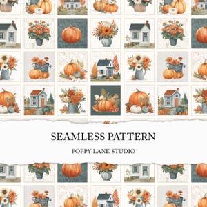 May include: A seamless pattern with watercolour illustrations of pumpkins, flowers, and houses in a grid. The colour scheme includes orange, white, and green. The text "SEAMLESS PATTERN" and "POPPY LANE STUDIO" are displayed.