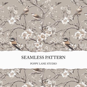 beige Chinoiserie nahtlose Muster, Blumen Vogel Chinoiserie Hintergrund, Garten Vogel nahtlose Muster, neutrales Vintages digitales Papier