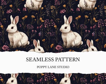 dark bunny background, white bunny seamless pattern, cottagecore rabbit printable file, farmhouse rabbit background, bunny crafting paper