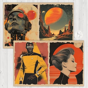 May include: Four vintage-style art prints featuring retro sci-fi themes. The prints showcase a futuristic woman, a desert planet, a Star Trek-inspired figure, and a woman's profile. Each print has a distressed, aged paper effect.
