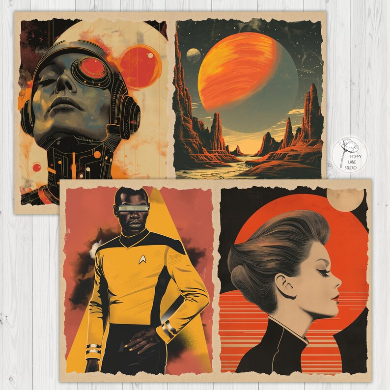 May include: Four vintage-style art prints featuring retro sci-fi themes. The prints showcase a futuristic woman, a desert planet, a Star Trek-inspired figure, and a woman's profile. Each print has a distressed, aged paper effect.