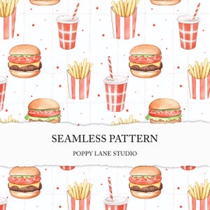 fast food seamless pattern, hamburger background, seamless burger pattern, fast food digital paper, fries seamless, food printable paper JPG