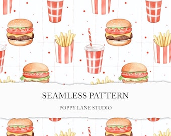 fast food seamless pattern, hamburger background, seamless burger pattern, fast food digital paper, fries seamless, food printable paper JPG
