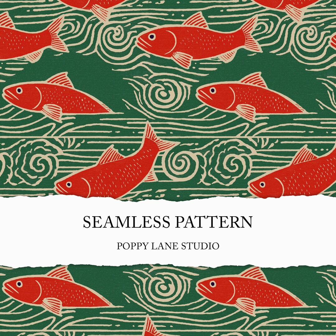 Red Fish Seamless Pattern, Linocut Fish Background, Seamless Nautical ...