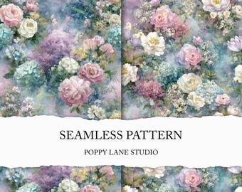 cottage garden background, seamless vintage floral paper, repeating pastel flower pattern, shabby chic floral digital file, Victorian print