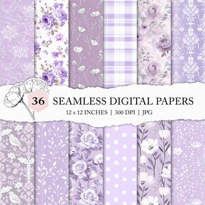 lila nahtloses Muster, lila digitales Papier, gemischtes Motiv zum Ausdrucken, lila Blumenmuster, lila Blumendamast, lila Decoupage Papierset