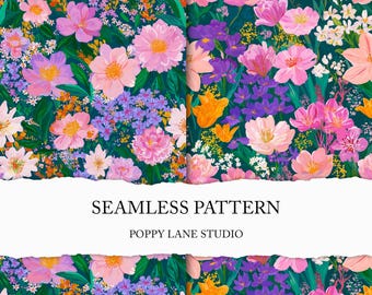 vibrant summer floral seamless pattern, colourful floral background, acrylic flower digital paper, bold flower print, cute summer seamless