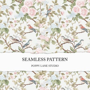 May include: A seamless pattern featuring watercolor illustrations of birds perched on branches amidst pink roses, blue hydrangeas, and green foliage. The design includes the text "SEAMLESS PATTERN" and "POPPY LANE STUDIO".