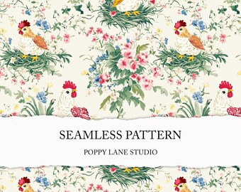 cottagecore chicken seamless pattern, spring chicken background, preppy spring digital paper, seamless Easter pattern, chicken seamless JPEG