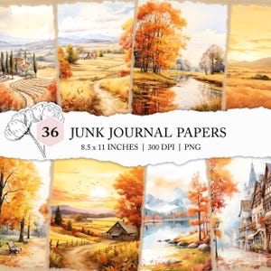 diario di viaggio con paesaggio autunnale, carta digitale autunnale acquerellata, pagine di diario di viaggio in Europa, splendida carta per scrapbooking autunnale, stampe autunnali