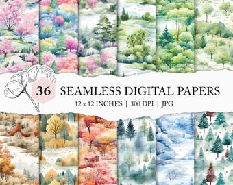 four seasons digital paper, watercolour season landscape pattern, spring summer autumn winter, seamless forest pattern, seasonal background