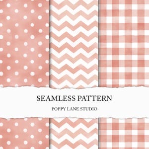 Peut inclure: Plusieurs motifs sans couture dans des tons pêche. Les motifs comprennent des pois, des chevrons et des carreaux vichy. Le texte "SEAMLESS PATTERN" et "POPPY LANE STUDIO" est affiché sur une bannière blanche.