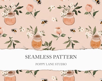 seamless honeybee pattern, honey bee background, custom fabric pattern, honeypot digital paper, bee and flowers scrapbook, bee seamless file