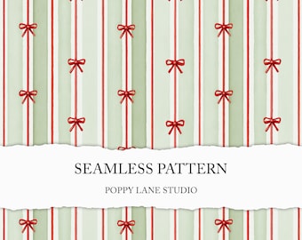 green stripes seamless pattern, cute Christmas background, watercolour red ribbon bow seamless pattern, minimalistic holiday seamless file