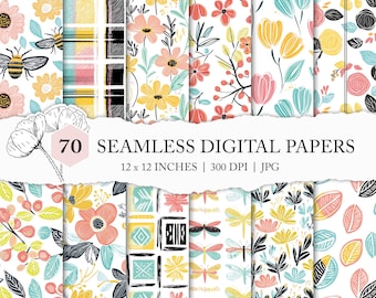 colourful spring floral digital paper, neon flower scrapbook paper, preppy floral seamless pattern, modern flower background, spring design