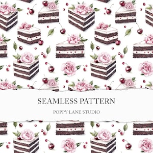 backery background, cherry cake seamless pattern, black forest gateau digital design, chocolate cake printable, seamless cake, patisserie