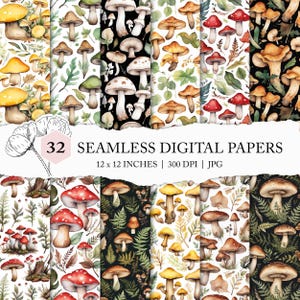 fond champignon, motif champignon sans couture, papier numérique champignons forestiers, papier de scrapbooking champignons aquarelle, motif botanique répété