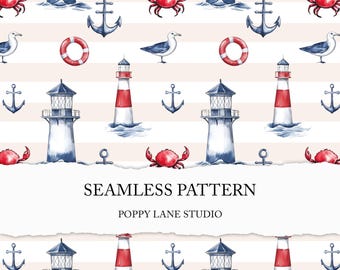 maritime seamless background, red white blue coastal textile design, lighthouse seamless pattern, nautical print, seamless marine pattern