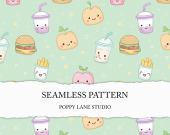 cute junk food seamless pattern, seamless fast food pattern, cute kawaii food printable, repeating food background, burger surface pattern