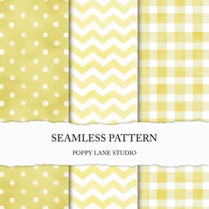 Op de afbeelding: Een verzameling naadloze patronen in geel en wit. De patronen omvatten stippen, zigzag en ruitjes. De tekst "SEAMLESS PATTERN" en "POPPY LANE STUDIO" staat in het midden van de afbeelding.