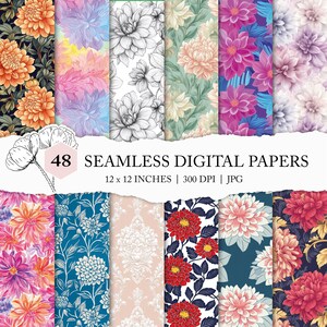 dahlia seamless pattern, assorted dahlia background, dahlia digital papers, printable decoupage paper, seamless dahlia scrapbook paper, JPEG