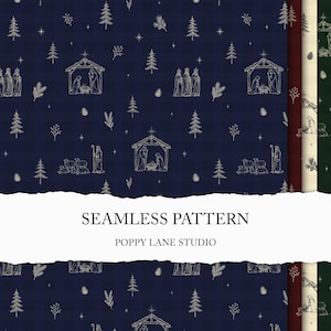 May include: A seamless pattern featuring a dark blue plaid background with white line art illustrations of nativity scenes, pine trees, stars, and pinecones. The design includes repeating motifs of the holy family, shepherds, and sheep in a festive style.