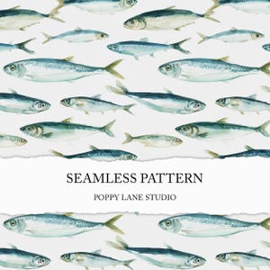 watercolour sardine pattern, seamless sardine background, blue fish seamless file, fishing printable, herring background, instant download