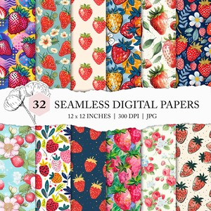 Erdbeere digitales Papier, nahtlose Erdbeere Muster, Erdbeere Hintergrund, Erdbeere nahtlose Datei, Obst Muster, Sommer digitales Papier