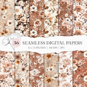 motif floral harmonieux de fleurs marron, fond floral d'automne, motif floral beige, papier numérique floral neutre, motif floral d'automne harmonieux
