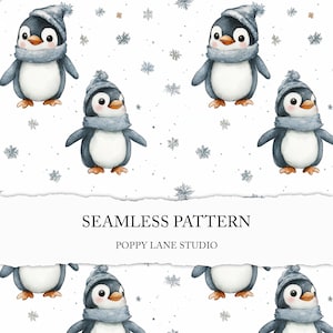 Aquarel pinguïn achtergrond, schattige pinguïn naadloos patroon, winterpatroon, kerstachtergrond, kinder naadloos, pinguïn met hoed