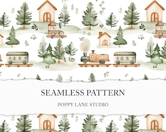 green train seamless pattern, toy train background, wooden train pattern, kids seamless, nursery pattern, seamless railway digital paper JPG
