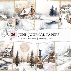 Impresiones de pueblos invernales, papel digital con paisajes invernales, suministros para álbumes de recortes con paisajes nevados, cabañas invernales para imprimir en casa, lindo diario invernal