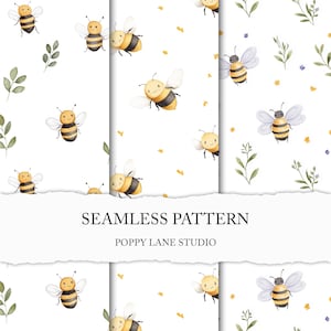 Può includere: Motivo senza cuciture con illustrazioni ad acquerello di api sorridenti con strisce nere e gialle, ali bianche e piccoli fiori gialli. Sono incluse anche foglie verdi e il testo "SEAMLESS PATTERN" e "POPPY LANE STUDIO".