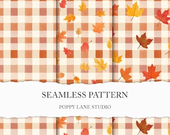 seamless plaid fall pattern, autumn leaves digital paper, fall leaf background, plaid autumn seamless fabric, brown gingham seamless pattern