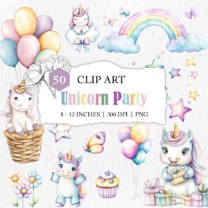 pastel unicorn clip art, unicorn birthday party clip art, PNG files, kids clipart, unicorn celebration digital file, watercolor illustration