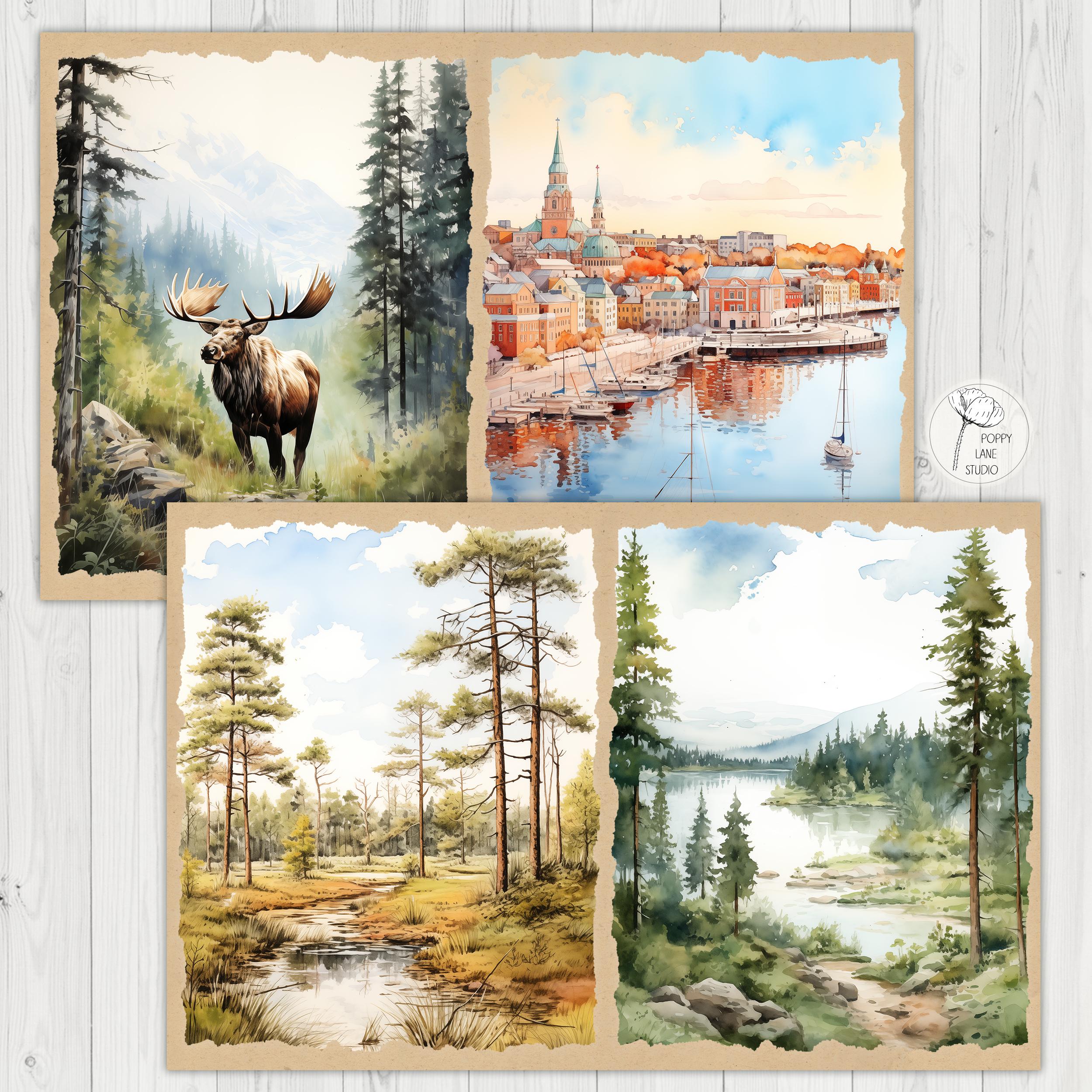 フィンランドの水彩画 Finland printable paper, watercolour Finland journal, Finland junk