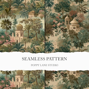 Könnte beinhalten: Nahtloses Muster mit einer detaillierten Illustration einer üppigen, tropischen Landschaft mit Palmen, blühenden Pflanzen und verzierten Gebäuden. Die Farbpalette umfasst Grün-, Braun- und Rosatöne. Der Text "SEAMLESS PATTERN" und "POPPY LANE STUDIO" wird angezeigt.