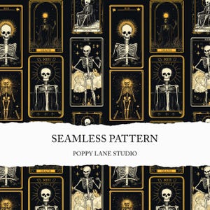 May include: A seamless pattern featuring tarot cards with a black background and gold accents. Each card depicts a skeleton in various poses, with the number XIII and the word "DEATH" on each card.