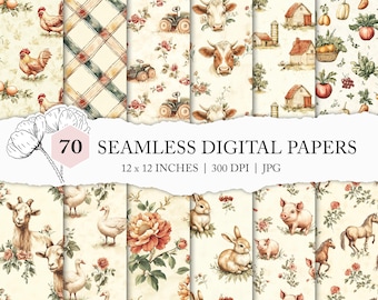 shabby chic farm backgrounds, vintage farm animals seamless pattern, chicken digital paper, cow seamless, cottagecore farmhouse printables