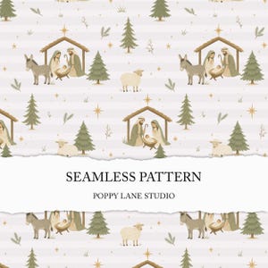 Könnte beinhalten: Ein nahtloses Muster mit einer Krippenszene mit Figuren im Stall, einem Esel und einem Schaf, vor einem hellen Hintergrund mit horizontalen Streifen, grünen Tannen und goldenen Sternen. Der Text lautet SEAMLESS PATTERN POPPY LANE STUDIO.