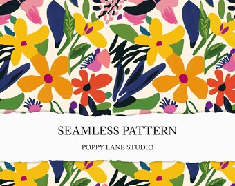 bold modern floral background, summer seamless fabric print, vibrant flower seamless pattern, retro floral design, colourful boho floral JPG