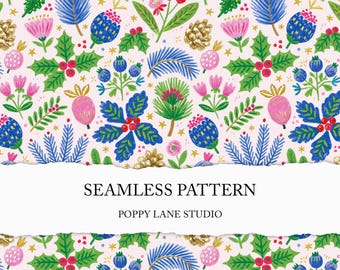 preppy winter greenery seamless pattern, winter botanicals digital paper, painterly Christmas digital background, holly seamless pattern